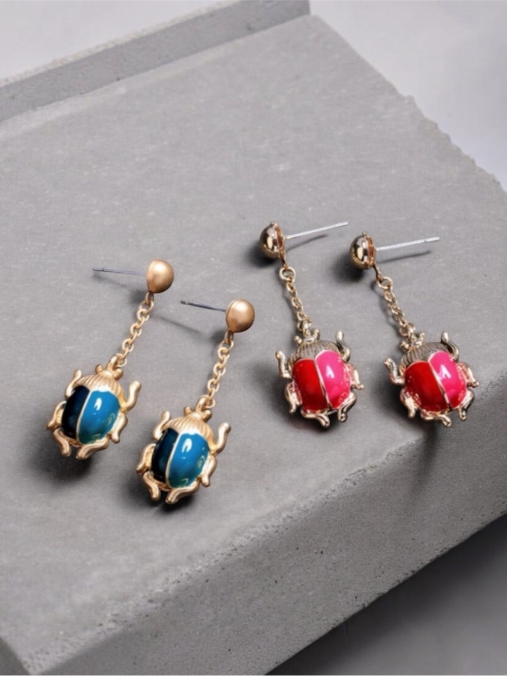 BOUTIQUE Gold Blue Beetle Bug Dangle Drop Statement Earrings - Picture 3 of 9